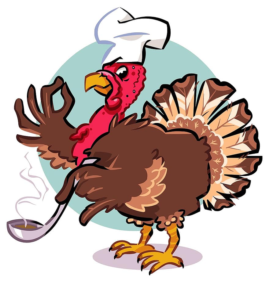 七面鳥、シェフ、料理、フード、漫画、ディナー、キッチン、帽子、感謝祭、休日、家禽