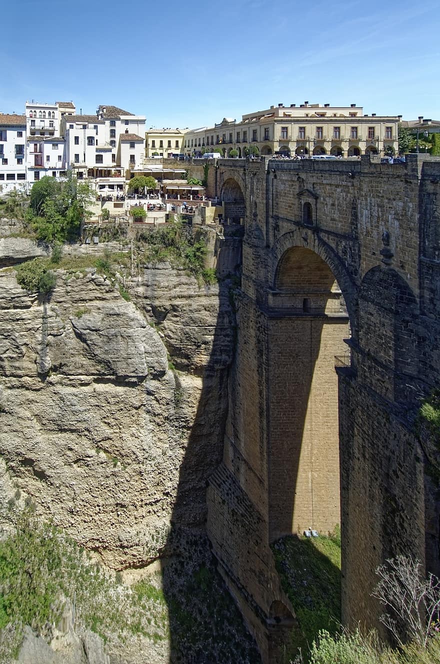 brug, steile muur, canyon, gebouw, Spanje, Andalusië, Provincie Malaga, ronda, stad, historisch centrum, historisch