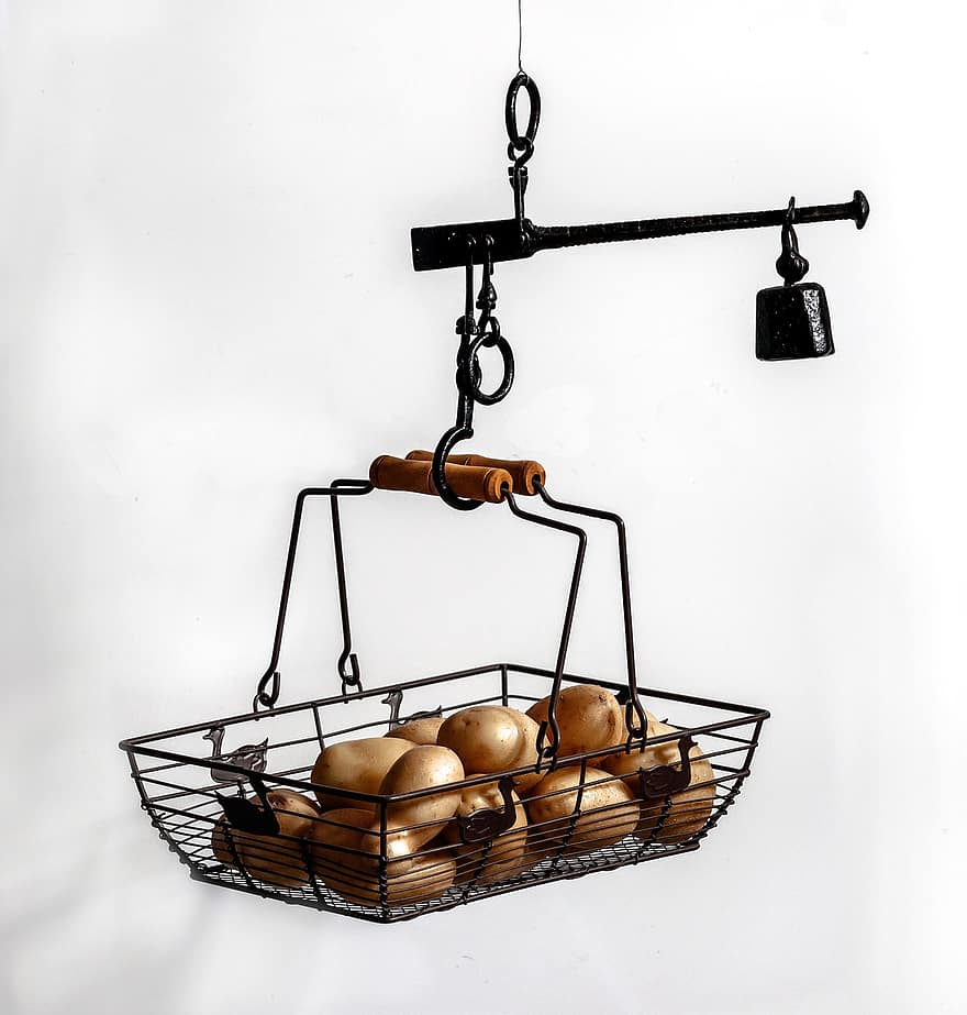 célula de carga, equilibrar, comida, patata, cesta, mercado, metal, de cerca, acero, solo objeto, equipo