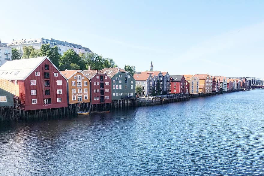 Noruega, beira-mar, prédios, Escandinávia, Trondheim, Europa
