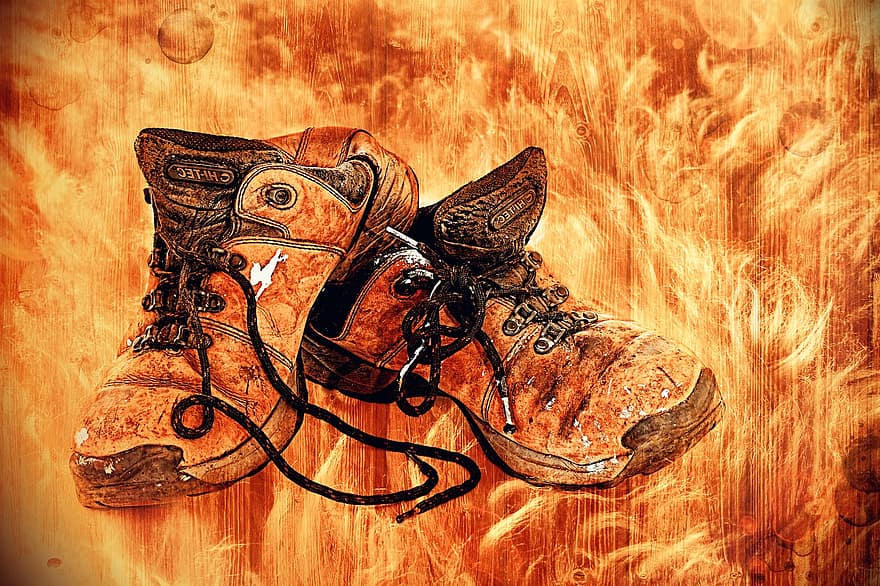 sko, gammel, flamme, træ, vandrestøvler, vandring, læder