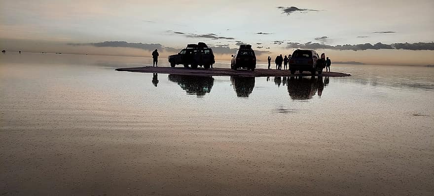 multidão, areia, lago, por do sol, Bolívia, salar de uyuni, agua, homens, embarcação náutica, Férias, verão
