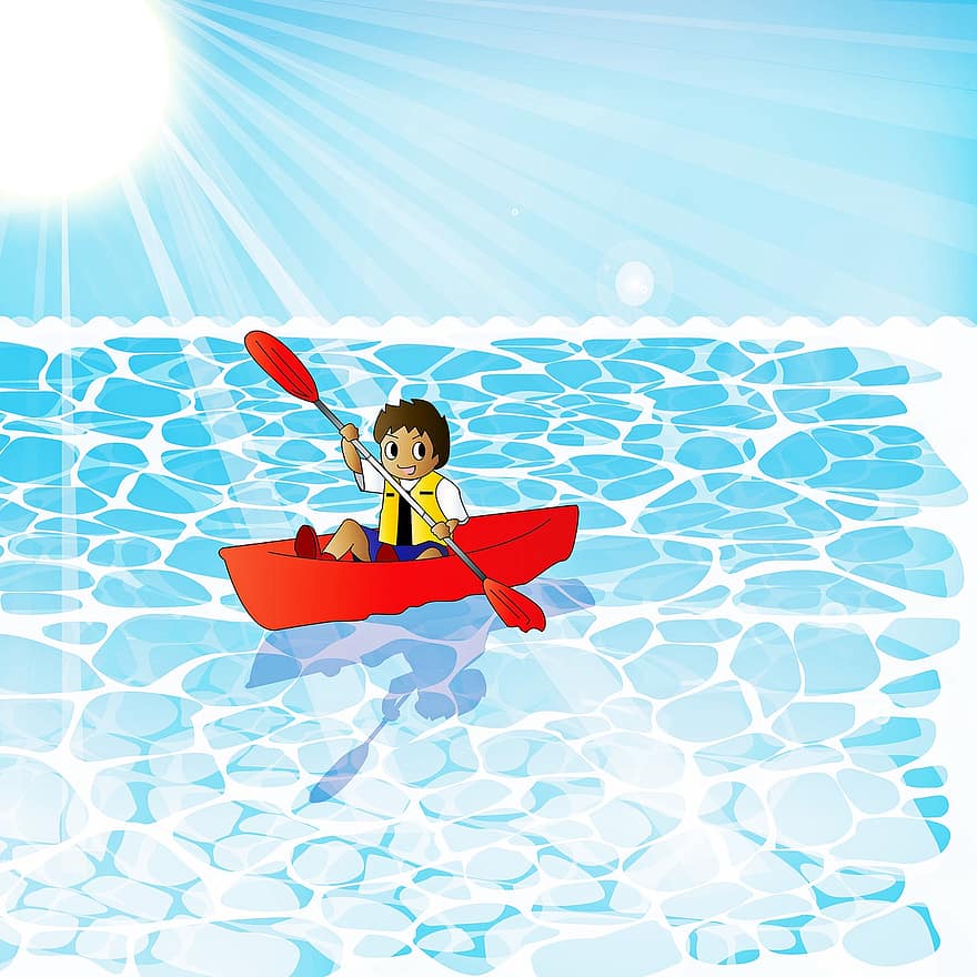 хлопчик, каное, море, веслування, сонце, сонячне світло, Сонячні промені, човен, Пляжний, океану, води