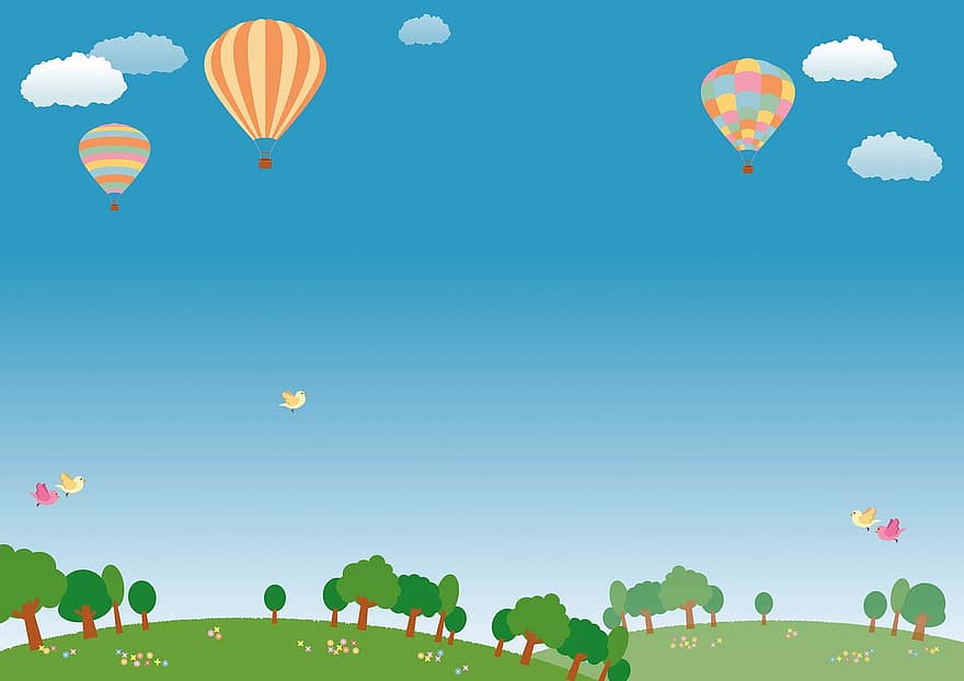 landskap, luftballong, himmel, kullar, träd, fåglar, ballong, dom, flygande, natur, luft