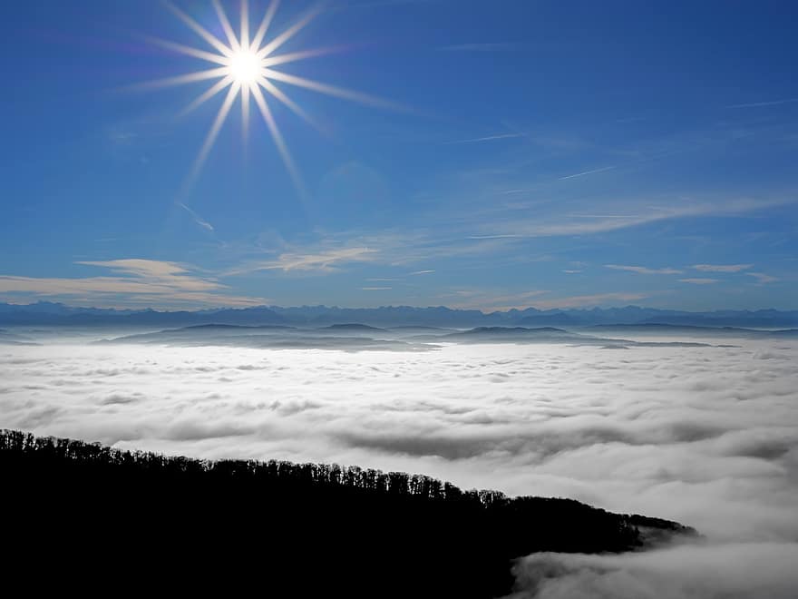 soare, ceaţă, Alpi, pădure, Vedere la distanta, perspectivă, Munte, nor, cer, peisaj, albastru