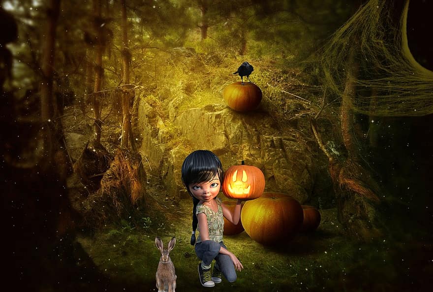 gadis kecil, halloween, jack-o'-lanterns, Latar Belakang, hutan, labu, gadis, malam, musim gugur, gelap, imut