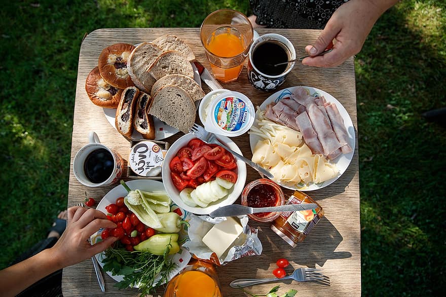 picknick, skinka, ost, Smör, sylt, färsk, tomat, gurka, peppar, bröd, hälsosam