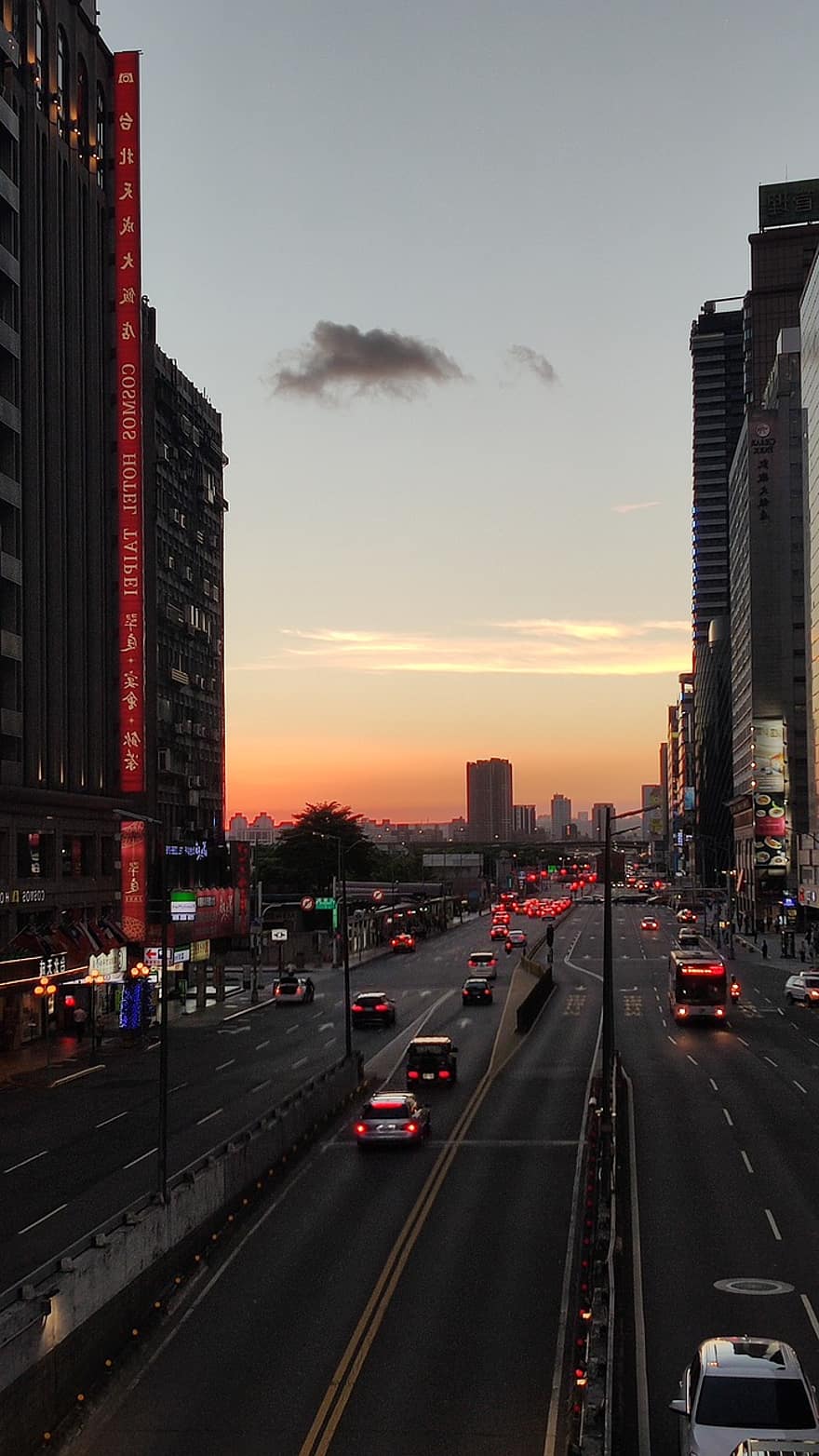 drum, șosea, trafic, apus de soare, clădiri, amurg, oraș, Taipei