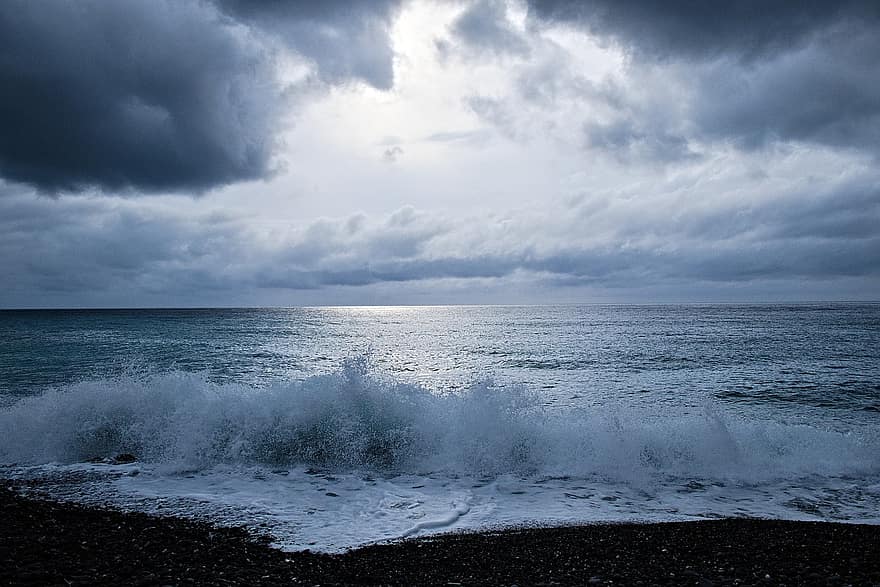 Camogli, bờ biển, trời giông bão, Ngày nhiều mây, Đảo, biển, thời tiết xấu, dông, liguria, genoa, làn sóng