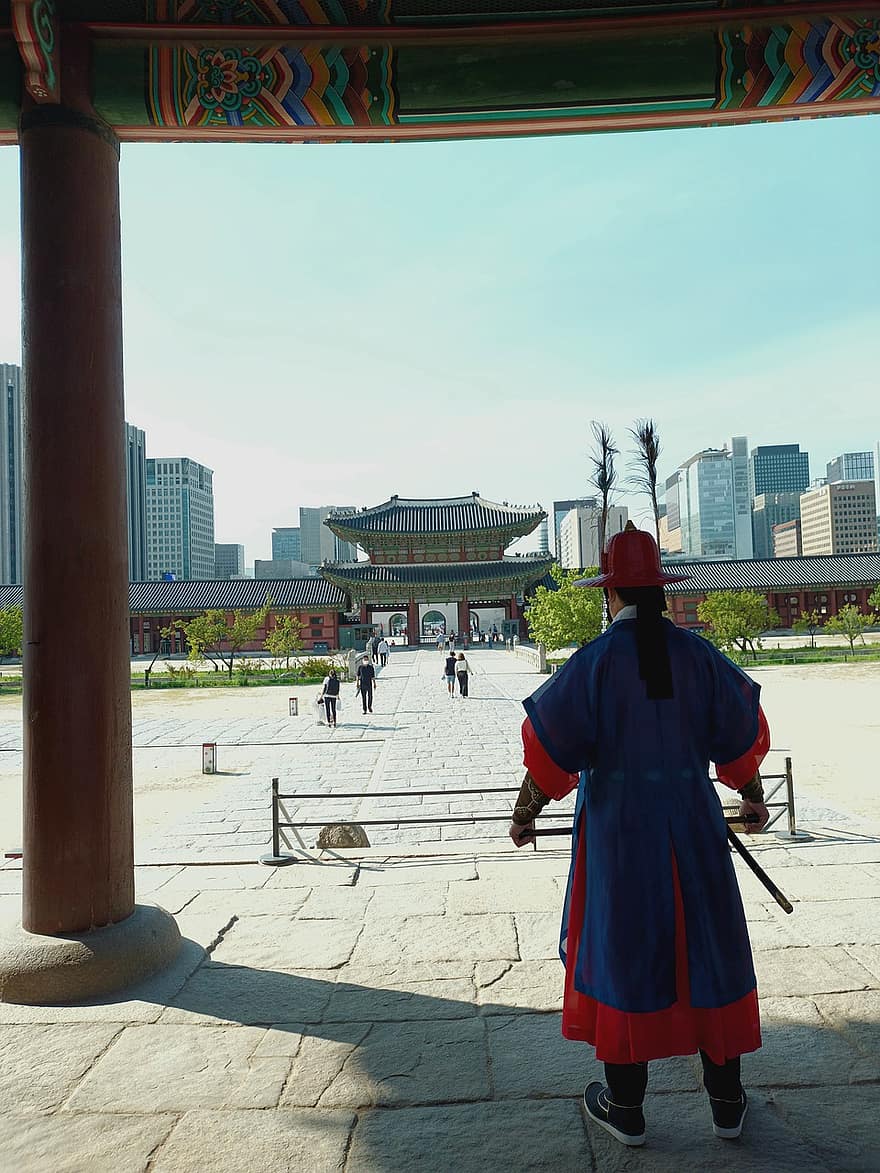 охрана, войник, храм, мъж, дворец, Корея, Сеул, традиция, традиционен, култура