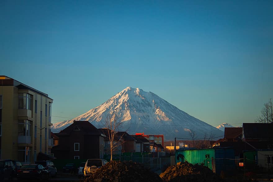 vulkan, Kamchatka, stratovulkan, landskap, hus, nabolag, natur, fjellene