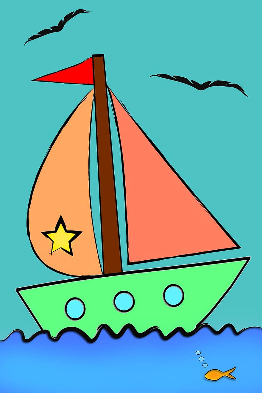 vaixell, dibuixos animats, coloració, vela, veler, placa de navegació