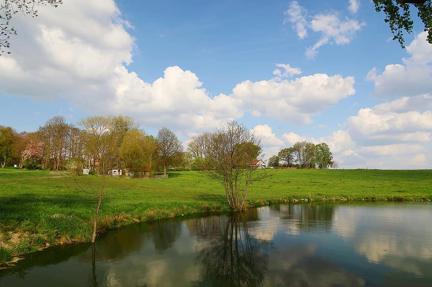 Countryside, Pond, Lake, Water, Trees, Lawn, Grass, Sky, Clouds, Nature, summer
