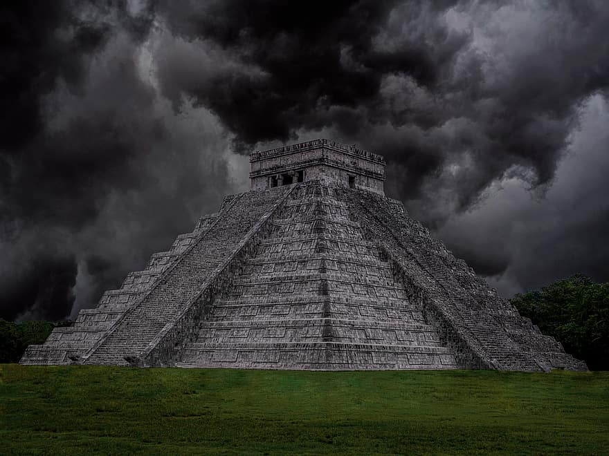 pyramide, ruines, orage, Chichen Itza, temple, monument, des nuages, pluie, Maya, Yucatan, architecture