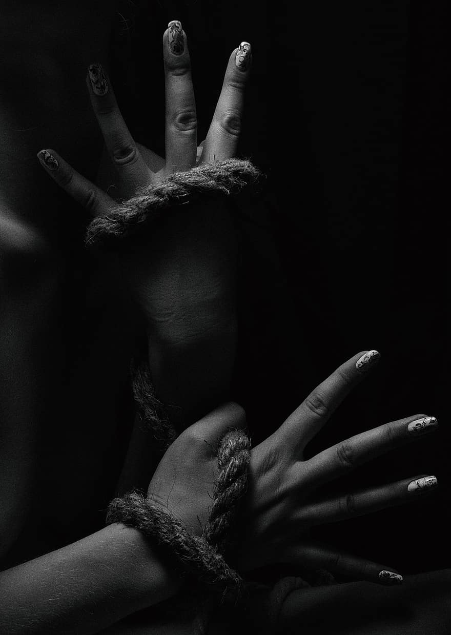 Woman, Hands, Chain, Monochrome, human hand, women, close-up, black and white, adult, one person, black background