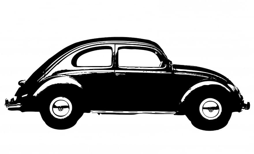 auto, wijnoogst, volkswagen, kever, Volkswagen Kever, zwart, kunst, geïsoleerd, wit, achtergrond, vervoer-