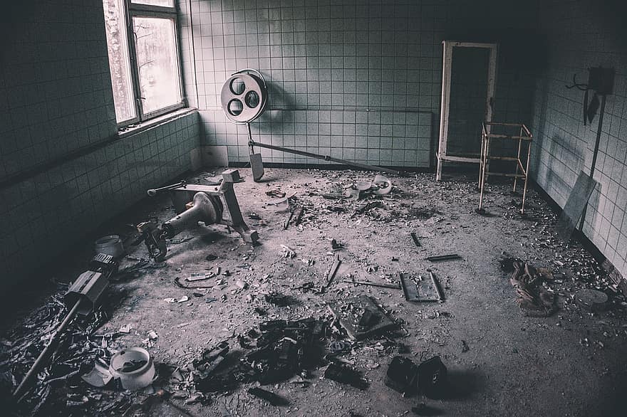 restos, destrucción, hospital, abandonado, urbano, chernobyl, Pripyat, Ucrania, radioactivo, radiación