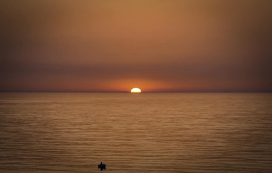 hav, horisont, solnedgang, sol, ocean, marinemaleri, skumring, aften, vand, landskab, naturskøn