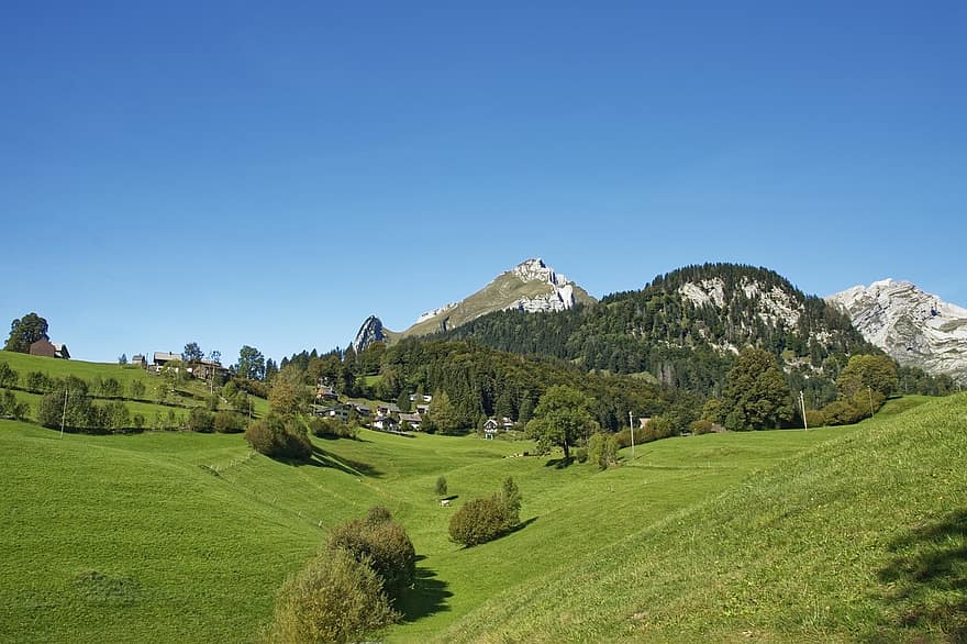 suïssa, cantó de st gallen, Alps, paisatge, Thurtal, cases, edifici, turó, muntanyes, bosc, arbres
