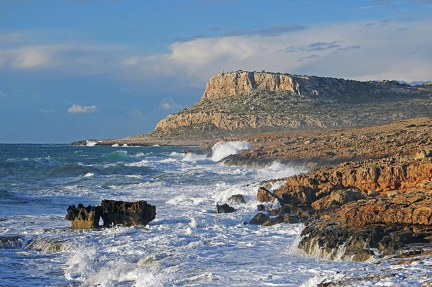 természet, tengerpart, tenger, hullámok, cavo greko, Ciprus, tájkép, Látvány, utazás, felfedezés, víz