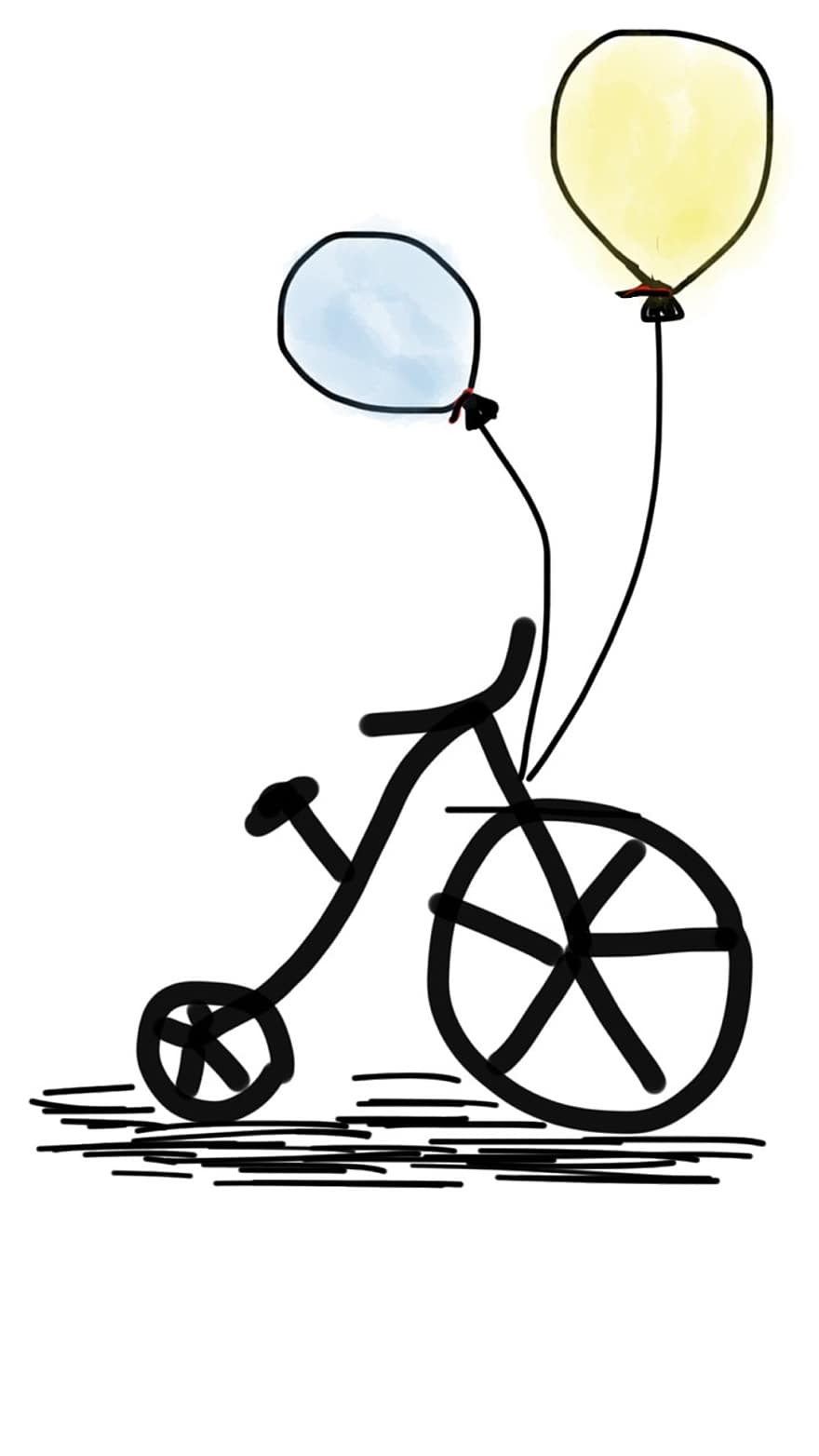pyörä, polkupyörä, ilmapallo, keltainen ilmapallo, sininen ilmapallo, elämäntapa, pyöräily, Urheilu, ratsastaa, hauska, ulkona