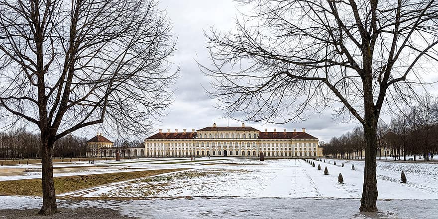 schleissheim-palota, palota, téli, hó, udvar, kert, palota kertje, Barokk komplexum, Barokk palota, Schleißheim palota télen, fák