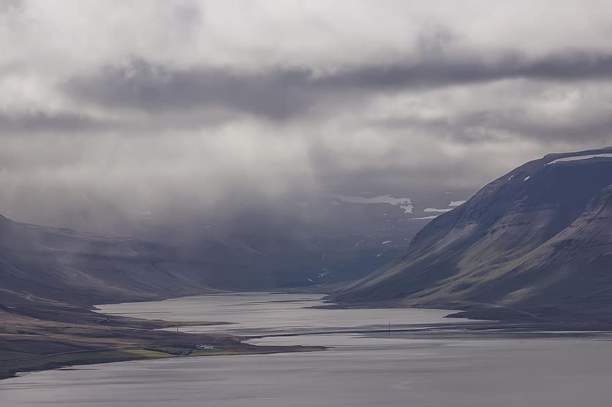 долина, туман, горы, берег, гавань, небо, облака, ходить, путешествовать, природа, Исландия