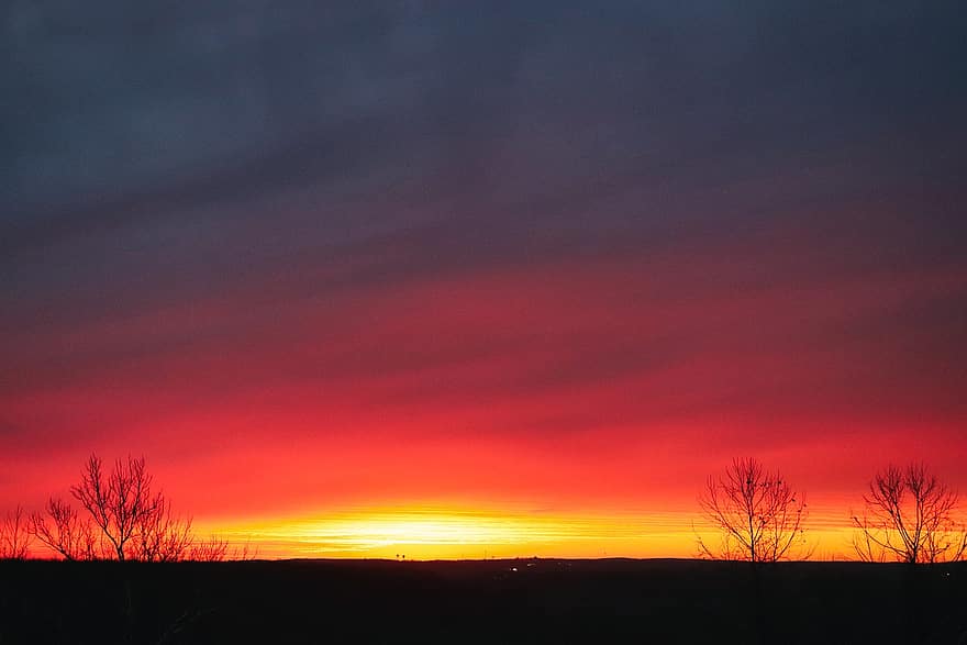 Missouri, uden for, solnedgang, himmel, skyer, orange, gul, træer, landskab, skyscape, natur