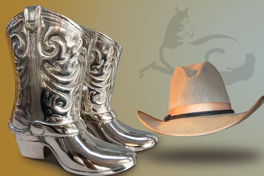 şapka, bot ayakkabı, kovboy şapkası, kovboy botları, gümüş, dekorasyon, batı, tatil, bellek, at, dom