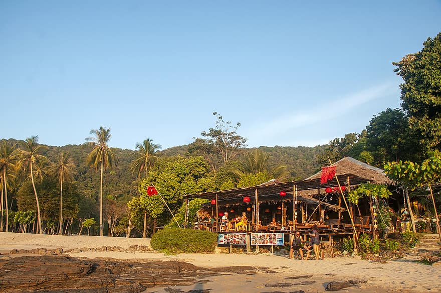 ресторан на пляже, пляжная хижина, курорт, остров, рай, пляж, природа