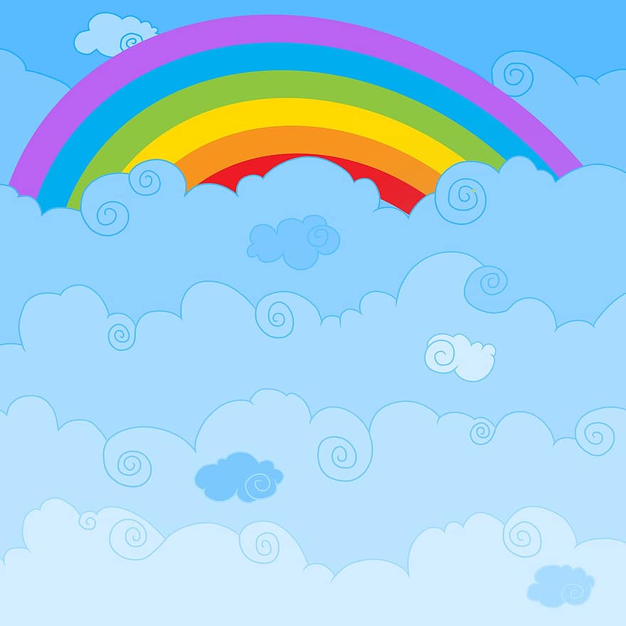 Rainbow, Sky, Clouds, Blue, Background, Copyspace, Drawing, cloud, backgrounds, illustration, backdrop