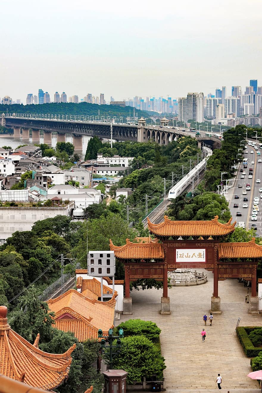 città, ponte, fiume Yangtze, tempio, edifici, paesaggio urbano, torre della gru gialla, wuhan