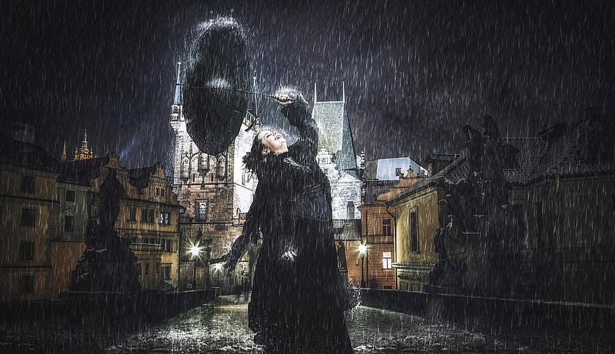 moteris, modelis, gotika, grožis, naktis, Prahoje, lietus, gražus, kadras, tamsus