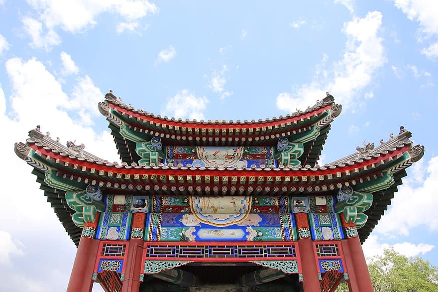 paviljong, pagod, arkitektur, strukturera, traditionell, sommarpalats, gammal, historisk, moln, himmel, scen