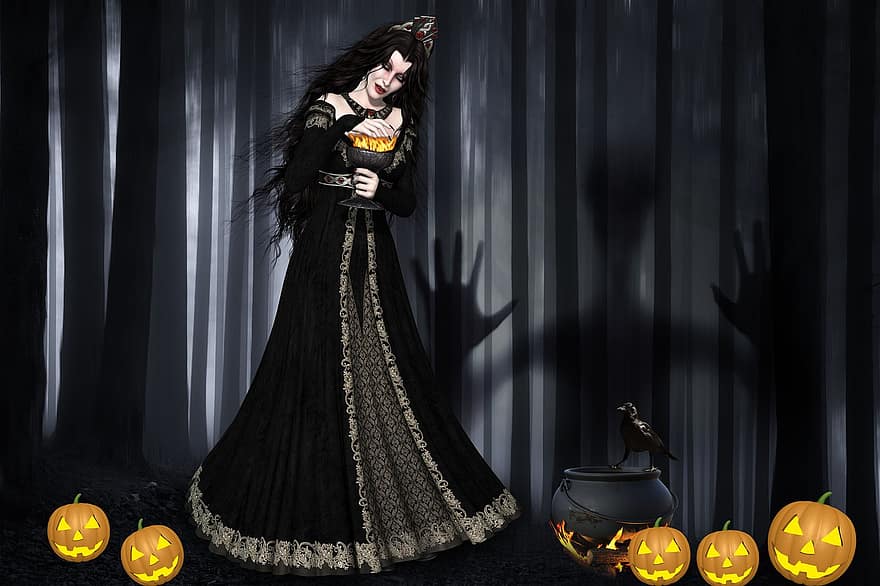 Halloween, Sorceress, Pumpkins, Witch, Dark, Night, Darkness, Spooky, Scary, Creepy