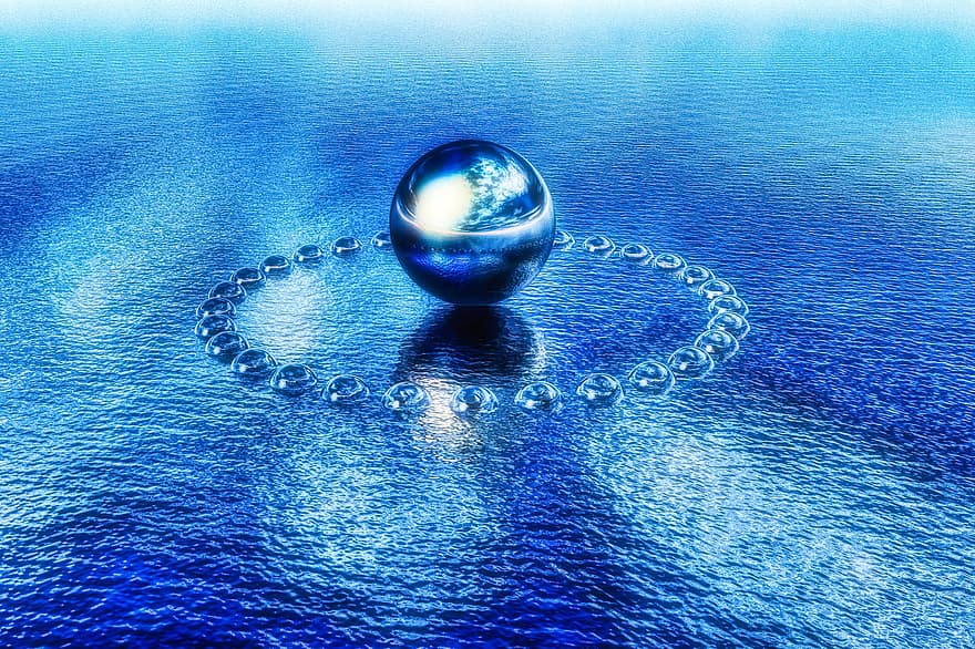 pilotes, aigua, reflexió, esfera, rodó, llac, mar, oceà, blau, dramàtica
