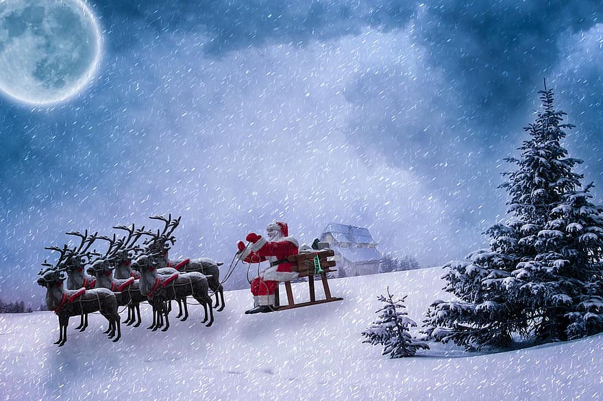 Natal, motivo de natal, Papai Noel, rena, deslizar, casa, neve, queda de neve, árvore de abeto, cartão de Natal, cartão