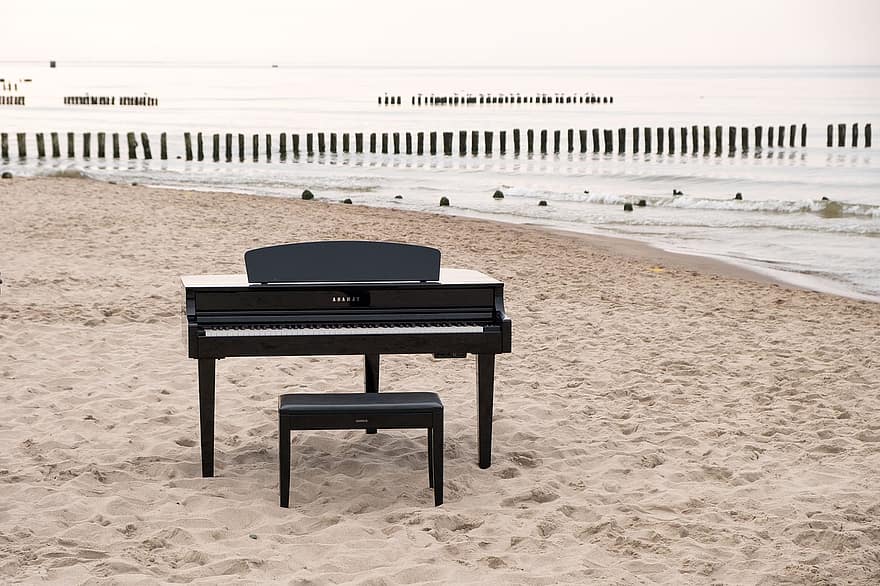 klavieres, mūzikas instruments, pludmale, jūra, krastā, mūziku, smiltis, ūdens, jūras krastā, horizonts, jūras ainava