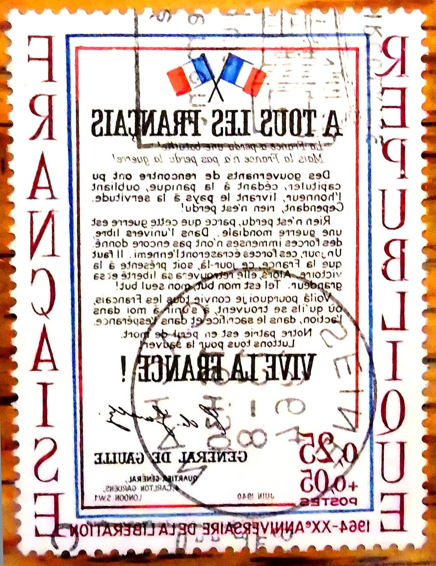 francobollo, Francia, 1964, Viva la Francia, 20 anni di dominazione, Dopo 2, guerra mondiale, timbrato, Chiamata del generale De Gaulle, giugno 1940