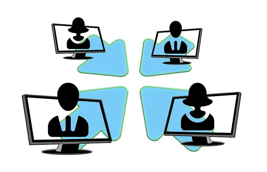 Monitor, Computer, Screen, Silhouettes, Web, Arrow, Group, Group Work, Together, Cohesion, Teamwork