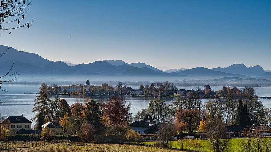 lago, montagne, ai piedi, nebbia mattutina, foschia, autunno, paesaggio, Chiemgau, Alta Baviera, Germania, chiemsee