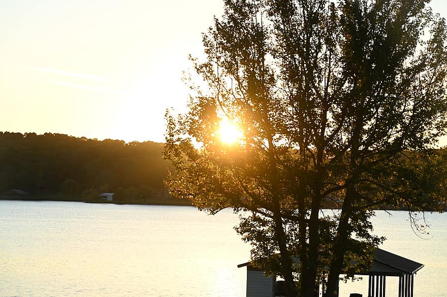 Sunrise, Morning, Boathouse, Tree, Lake, Sun, Light, Water, Nature, Outdoors, Summer