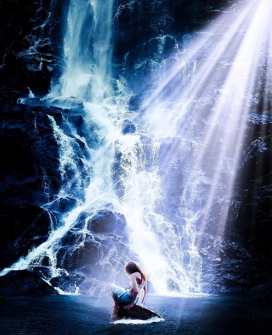 Waterfall, Woman, Light, Sunbeam, Landscape