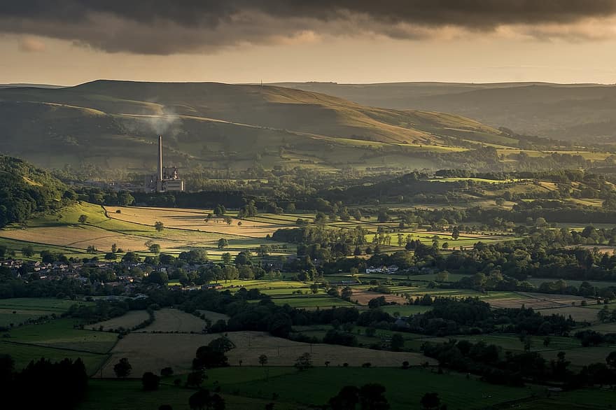 speranță vale, lucrări de ciment, districtul de vârf, Derbyshire, mediu rural, pitoresc, peisaj, decor, Anglia, raza de soare, dealuri