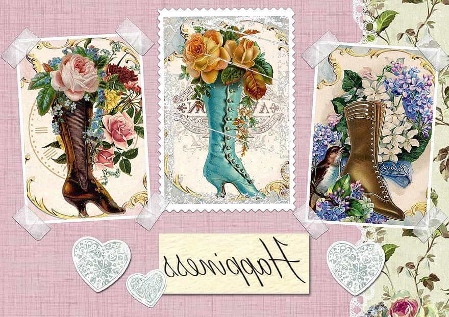 obuv, boty, vinobraní, růže, zápisníku, karta, Pozdrav, pošta, viktoriánský, noha, styl
