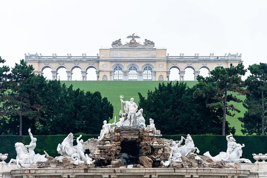 Schönbrunn, fuente de Neptuno, estatua, fuente, jardín, palacio, gloriette, viena, Austria, arquitectura, punto de referencia
