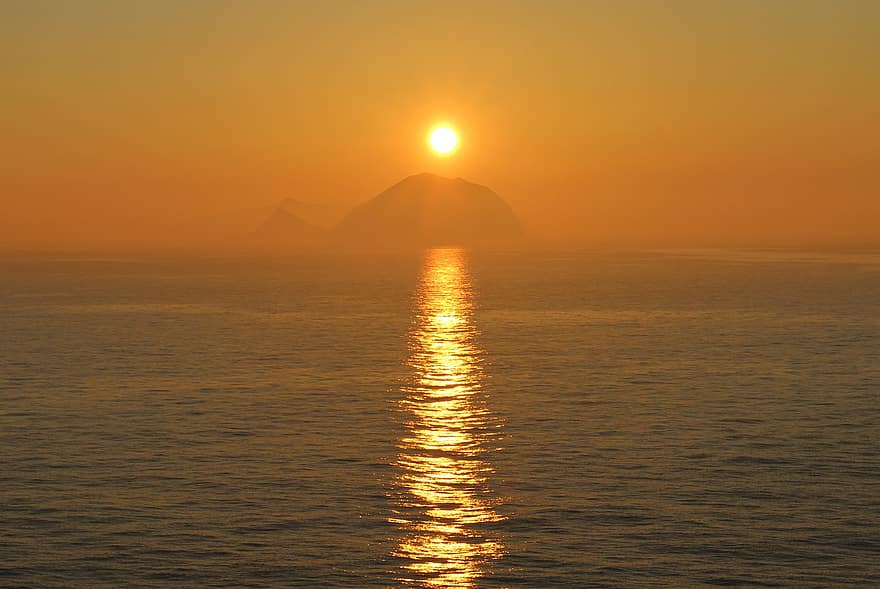 tramonto, isola, mare, oceano, paesaggio marino, sole, riflessione, mirroring, cieli arancioni