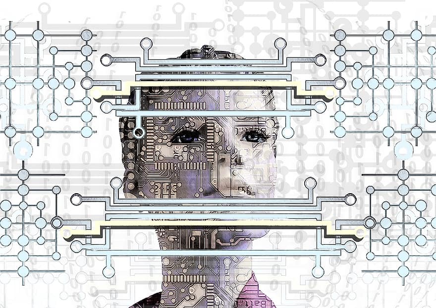 boord, gezicht, binair, code, privacybeleid, robot, cyborg, android, robotica, vooruit, kunstmatige intelligentie