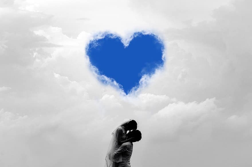 paar-, een hart, wolken, menselijk, vrouw, samen, liefde, hemel, dag, mensen, man