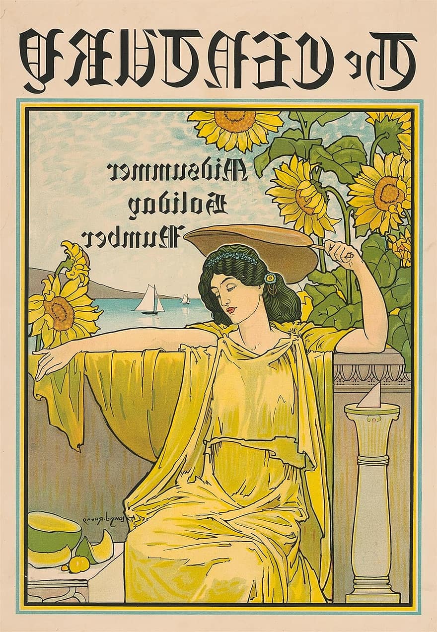 årgang, dame, plakat, 1894, magasin, Kunst, deco, vakker, kvinne, dekke, design